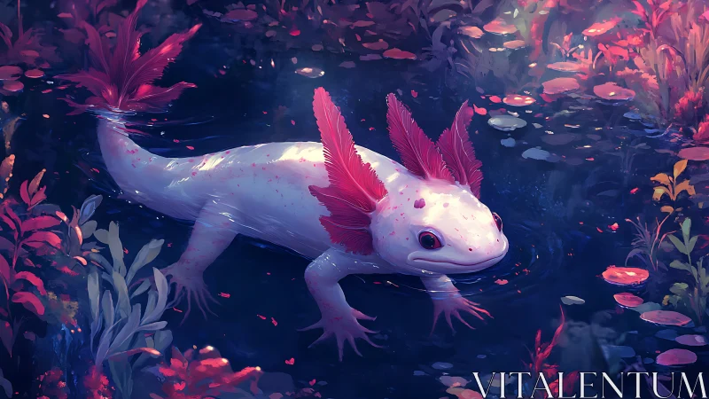Bioluminescent axolotl in chromatic aquatic microhabitat.
