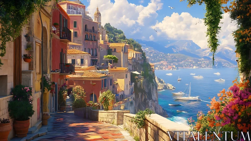 Coastal hillside street overlooks harbor and distant mountains