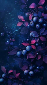 Neon twilight berries with magenta leaves on deep blue field.