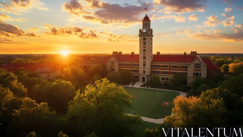 Sunlit campus clock tower rising over emerald athletic quad.