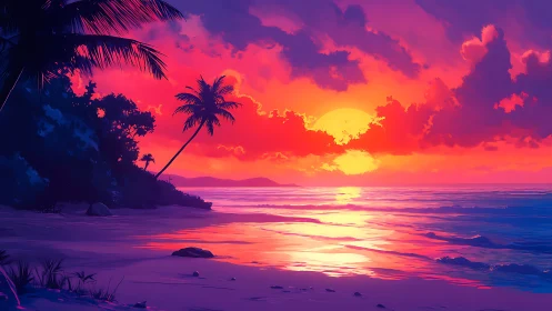 Tropical shoreline sunset with saturated magenta and orange sky