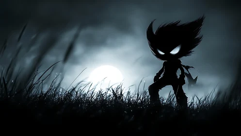 Silhouetted cartoon figure in moonlit grassland at night.