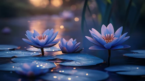 Digital painting of nocturne waterlilies with cinematic bokeh focus.