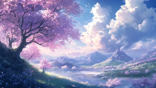 Gentle spring valley under drifting cherry blossom clouds.