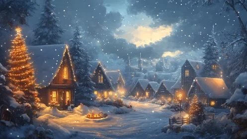 Snow-covered village street with illuminated winter cabins.