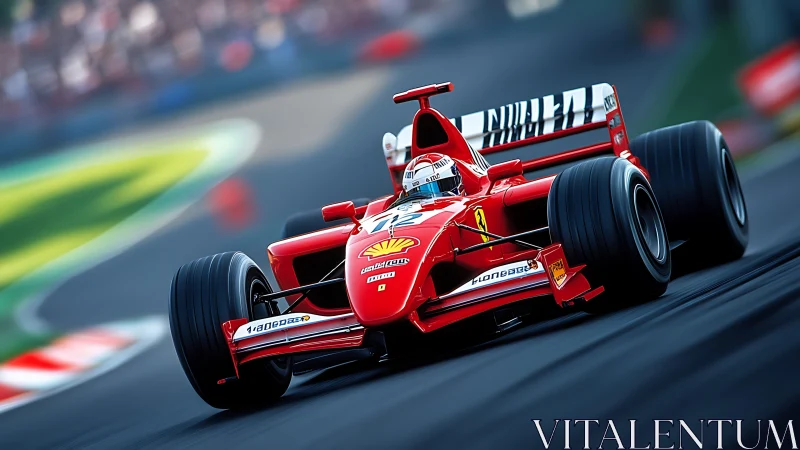 Scarlet formula racer knifes through a sunlit high‑speed curve.
