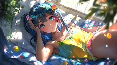 Sunlit daydream with a rainbow-haired girl at rest.