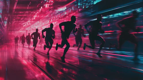 Cyberpunk runners in neon corridor with motion blur dynamics