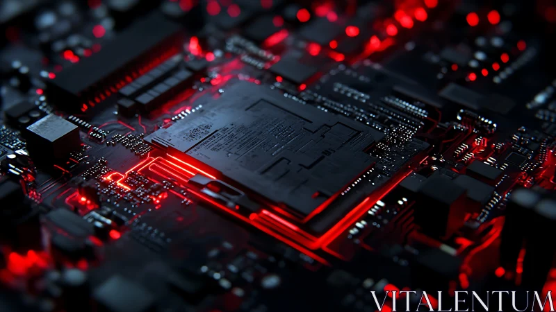 Black computer chipset on board with red LED lighting glow.
