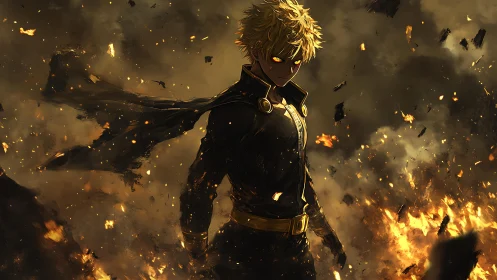 Blond anime figure in black uniform amid fire and smoke.