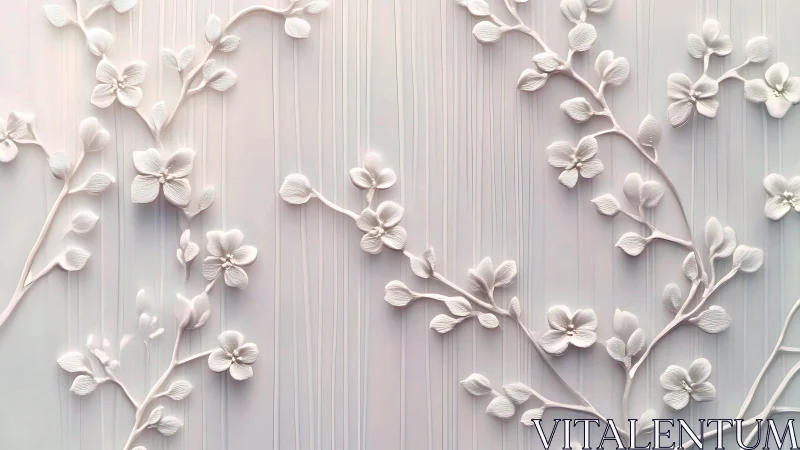 Delicate white floral branches sculpted on soft pastel wall