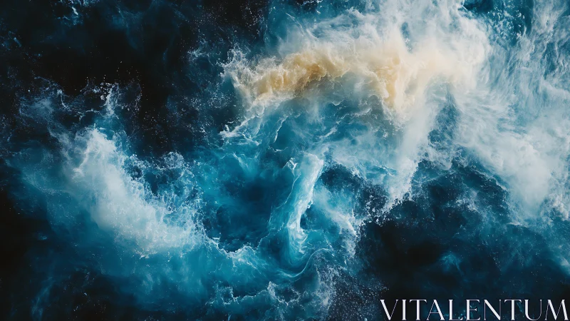 Wild ocean swirls dance in deep blue and soft white foam