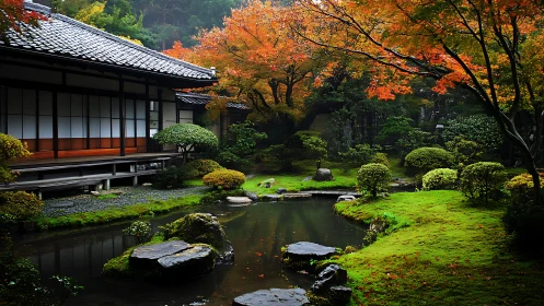 Serene Japanese garden embraces a tranquil pond in autumn