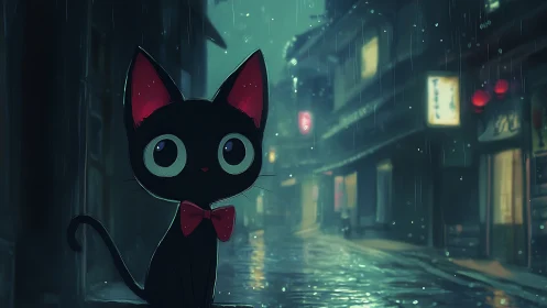 Black cartoon cat in rainy neon lit alley at night.