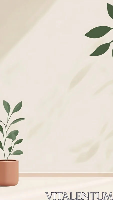 Minimalist potted plant against soft-lit wall with stylized foliage