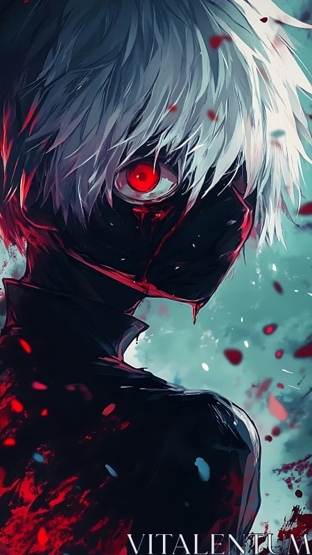Masked white haired figure stares back with glowing red eye