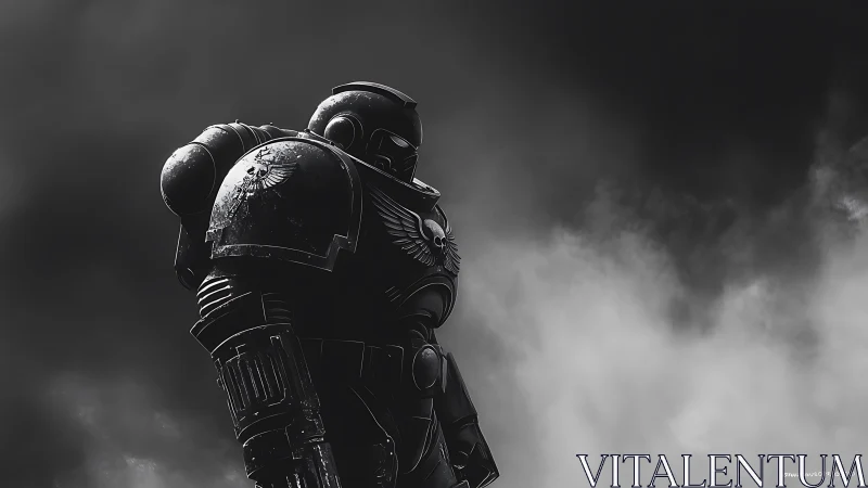 Armored sci fi soldier stands against stormy monochrome sky