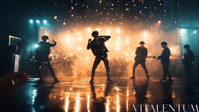 Silhouetted rock band under cinematic sparks on stage.