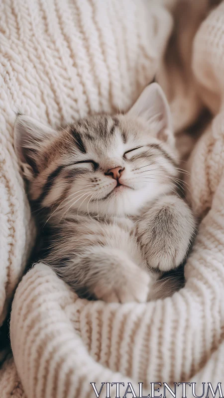 Tabby Kitten Nestled in Cream Knit Blanket, Eyes Closed