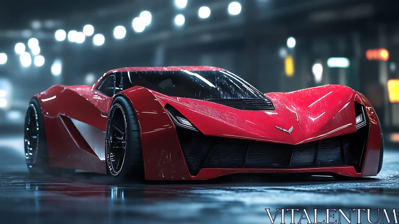 Crimson street predator glides through neon-soaked midnight.