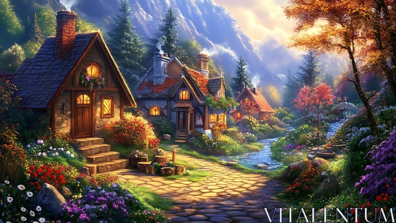 Sunlit storybook cottages glow beside a tranquil forest stream