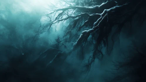 Dark tangled tree roots in dense atmospheric mist.