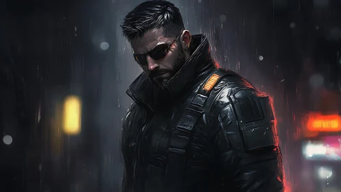 Cybernetic operative in dark urban rain with neon accents.