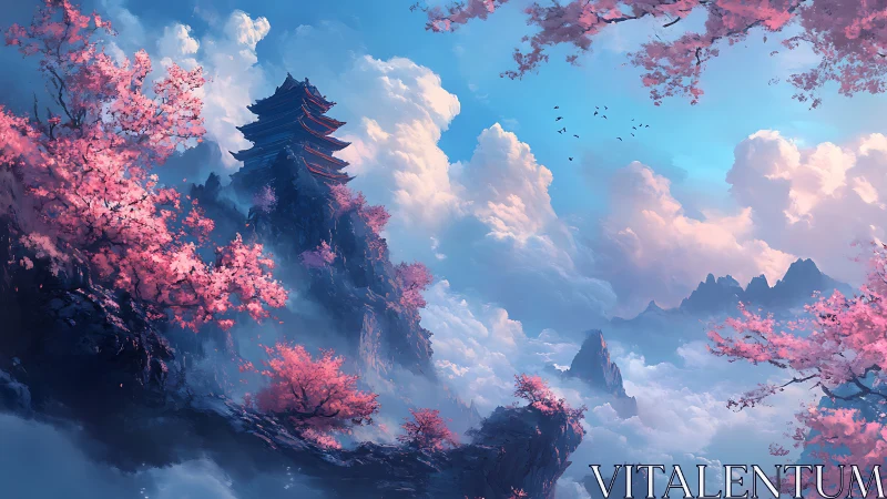 Temple drifts above a cloud sea in blushing cherry dusk