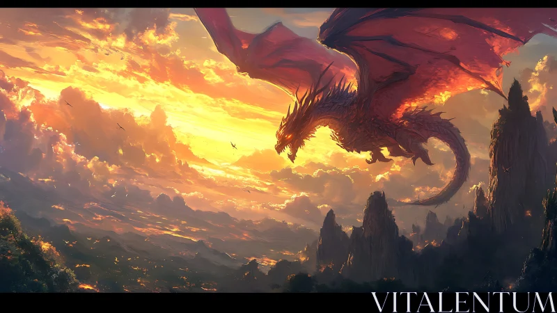 Emberwing dragon sails through molten sunset kingdoms.
