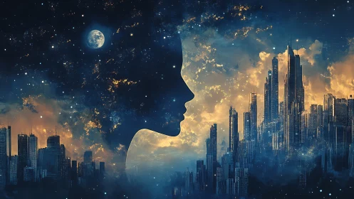 Cosmic silhouette uniting starry night and twin cities.