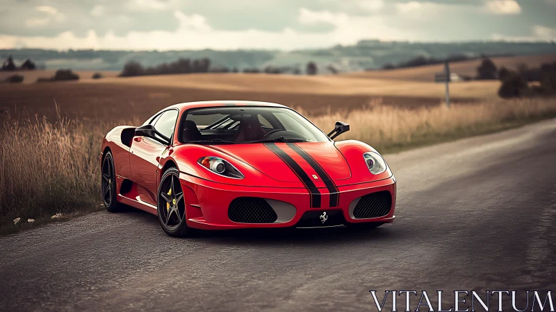 Scarlet sports car resting on a quiet open country road.