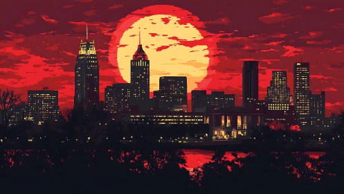 Urban skyline stands against oversized sun at sunset