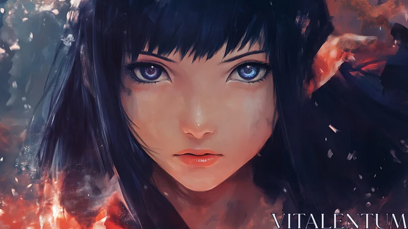 Storm-eyed ember witch gazes through painted twilight.