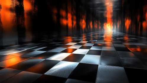 Reflective checkered corridor renders high-contrast thermal glow