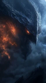 Fiery dragon spirit emerging from stormlit shadows.