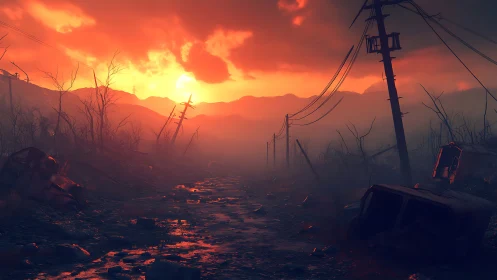 Glowing sunset road winding through a quiet post apocalyptic valley.