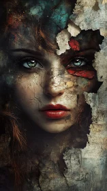 Female portrait merged with cracked textured surface.