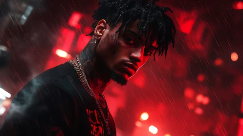 Tattooed rapper under neon rain with intense red bokeh.