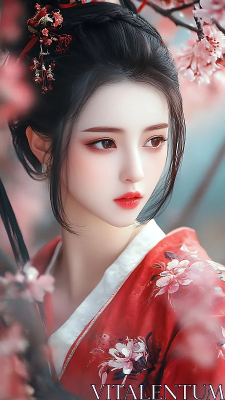 Elegant hanfu beauty framed by soft spring blossoms.