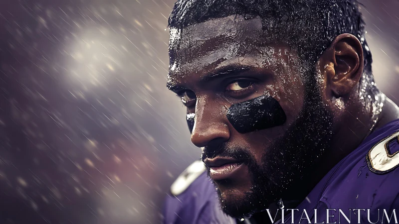 Gridiron warrior glares through stormlit sideline rain.