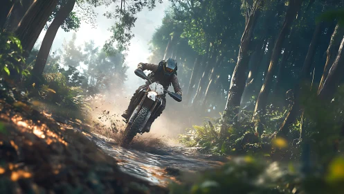 Motorcyclist navigating muddy forest trail at speed.