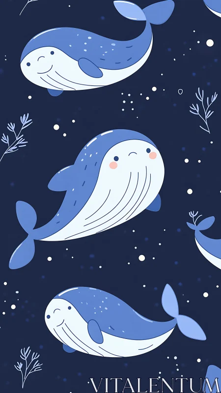 Playful blue whales float across deep navy sea.