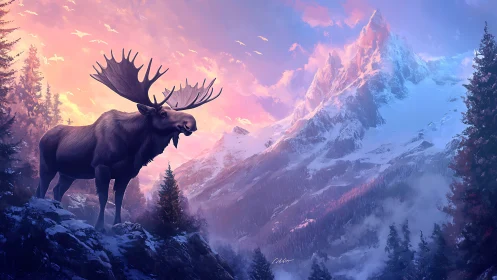 Majestic bull moose under glowing alpine sunrise sky.