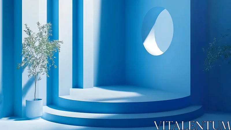 Minimalist interior with celestial window and botanical accent.