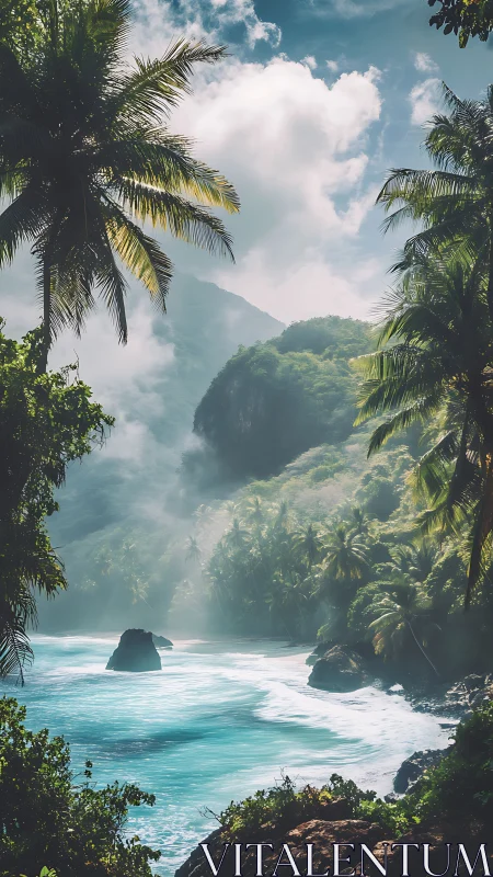 Tropical Ravine with Mountain Peak and Luminous Waters.