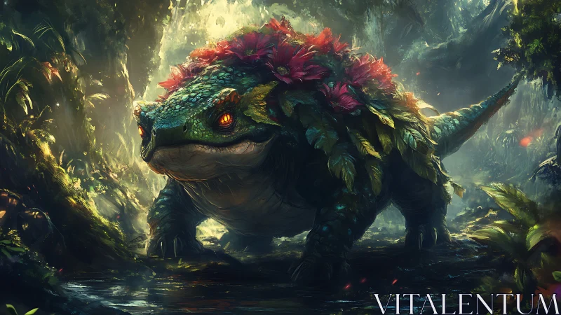 Bioluminescent forest reptile with floral carapace adaptation.