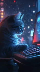 Cat at Computer Workstation in Neon Cyberpunk Setting
