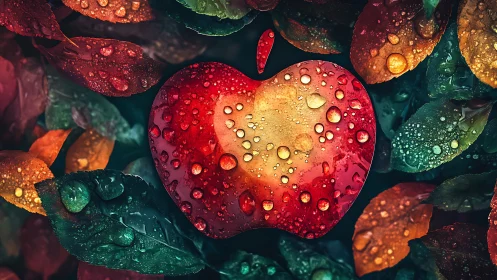 Raindrop kissed apple heart shining in lush autumn leaves.