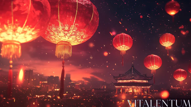Lantern-lit night sky over glowing city and quiet temple.