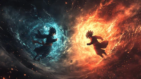 Opposing warriors collide within twin fire and ice vortexes